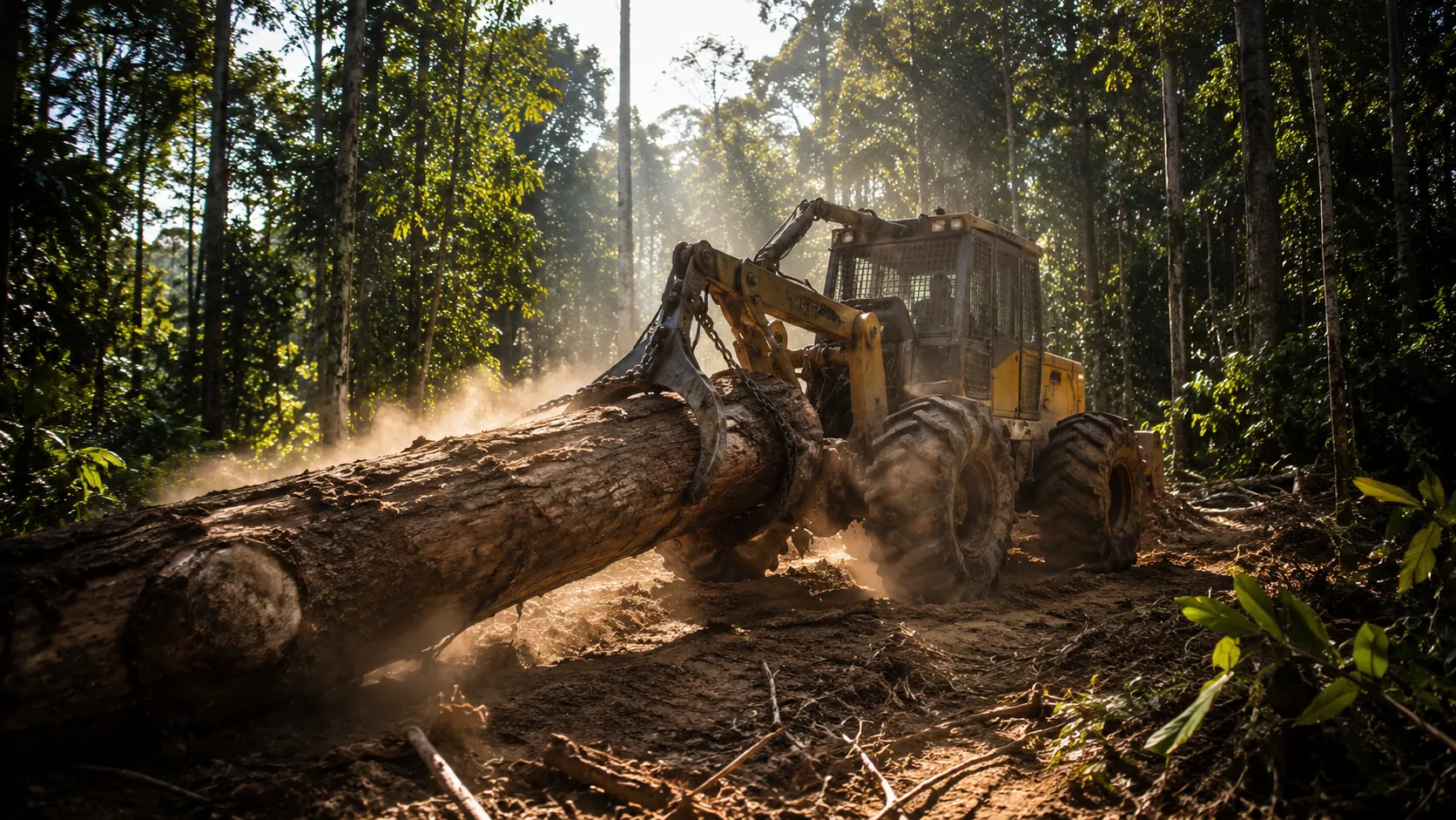 Skidder em operação de exploração florestal